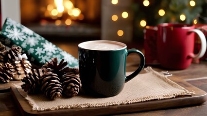 Cozy Holiday Scene with Wrapped Gifts, Festive Decor, and Warm Hot Chocolate