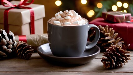 Cozy Holiday Scene with Wrapped Gifts, Festive Decor, and Warm Hot Chocolate