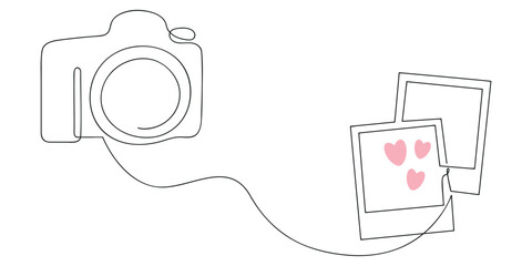Сamera and photo in one continuous line. One line drawing, minimalism. Vector illustration.
