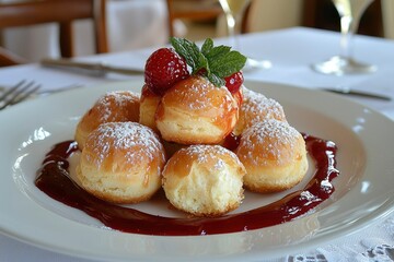 A plate of powdered pastries with a berry sauce and a sprig of mint