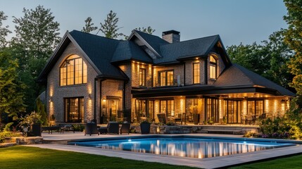 Modern Brick House with Swimming Pool and Backyard Patio at Dusk