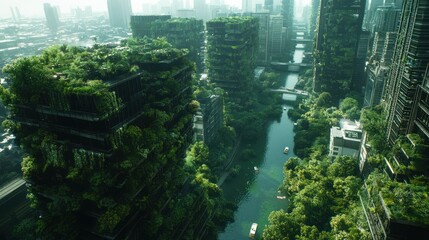 Verdant Skyscrapers Overlooking a River and Lush Green Forest in a Modern City