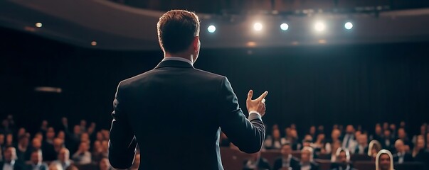 Back view a professional giving a speech on stage in front an attentive audience at a business event.