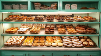 A Display of Freshly Baked Pastries in a Green Glass-Front Cabinet