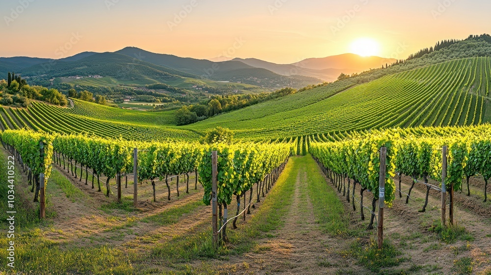 Poster sunlit vineyard rows with rolling hills in the background at sunset