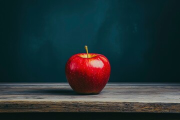 A Single Red Apple on a Wooden Table Against a Dark Green Background