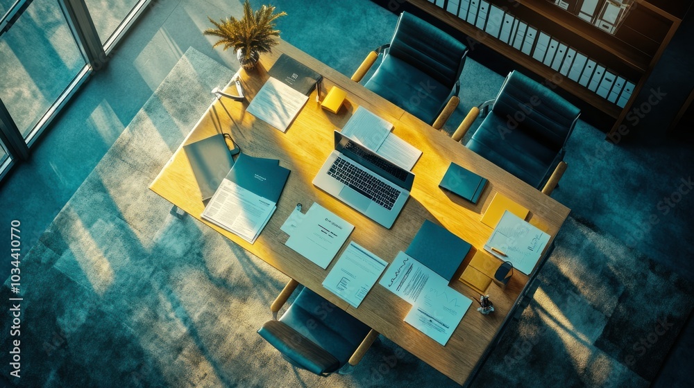 Poster an overhead view of a modern office desk with papers and a laptop