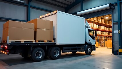 Naklejka premium Optimizing Delivery: Boxes Packed and Loaded onto a Large Truck outside the Warehouse, Generative AI
