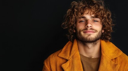 Close-up portrait of a smiling man with curly hair, wearing a cozy mustard-colored coat, standing against a solid dark background in bright lighting.