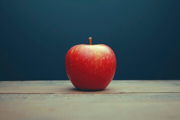 A Single Red Apple on a Wooden Surface Against a Dark Blue Background