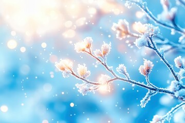 Close up of a glowing snowflake falling on a tree branch