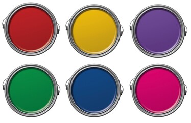 Opened paint can on white background, top view, Yellow, red, blue, purple, green, pink paint can. Paint cans of different colors. Paint, inkwell. colored paints