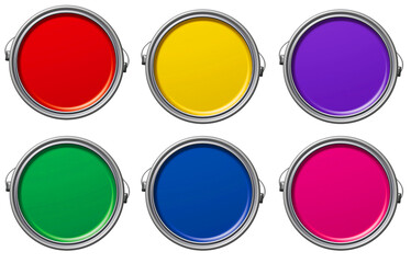 Top-down view of open paint cans on a white background. Colors include yellow, red, blue, purple, green, and pink. Paint and inkwells of various shades.