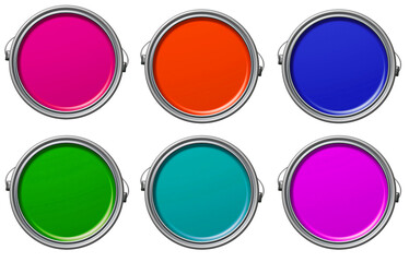 Paint cans opened and displayed on a white background. Top view featuring yellow, red, blue, purple, green, and pink colors, along with ink bottles.