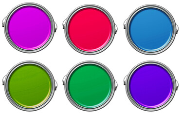 Opened paint can on white background, top view, Yellow, red, blue, purple, green, pink paint can. Paint cans of different colors. Paint, inkwell. colored paints