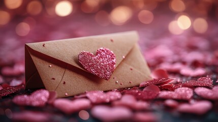 A romantic envelope adorned with a glittery heart, surrounded by pink hearts.