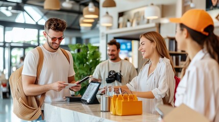 A cheerful customer interacts with friendly staff at a modern café during a sunny day, enjoying a pleasant dining experience