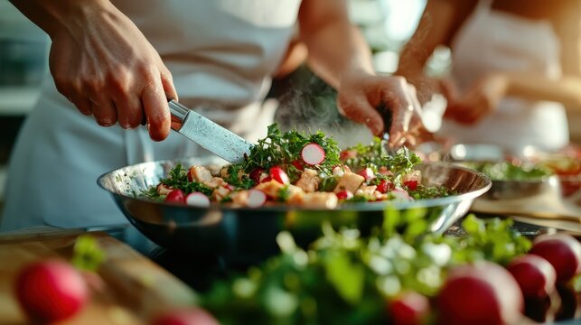 A chef passionately mixes fresh vegetables and herbs, demonstrating skill and artistry in creating a flavorful dish in a modern culinary environment.