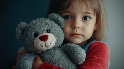 A young girl holds a gray teddy bear, looking curiously at the camera, with a soft expression in a cozy indoor setting.