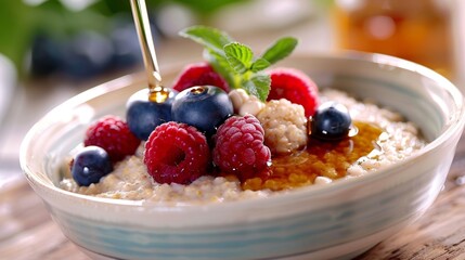 A bowl of creamy buckwheat porridge topped with fresh berries and a drizzle of maple syrup.