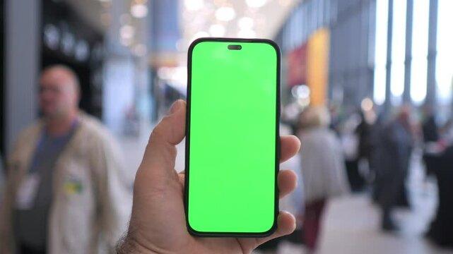 A smartphone held in a hand displaying a green screen in a busy city setting around