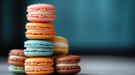 A vibrant array of macarons stacked vertically, featuring various colors and textures, exemplifying the artistry and variety of gourmet pastry creations.