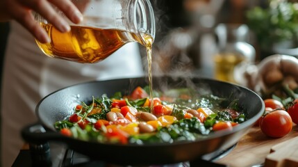 A variety of fresh vegetables, including spinach and peppers, steam in a frying pan as a generous amount of olive oil is added, showcasing culinary expertise.