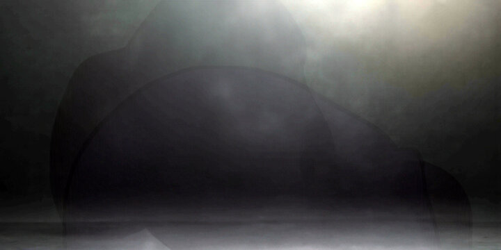 Mysterious shadowy figure in foggy atmosphere with ethereal light