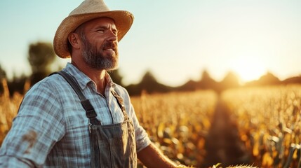 Fototapeta premium A farmer wearing a straw hat and overalls gazes across his thriving fields, bathed in golden sunlight, capturing the essence of pride and accomplishment.