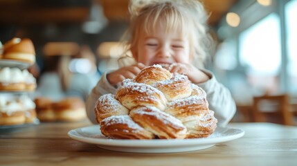 A joyful child standing in front of a large, sugar-dusted pastry, ready to eat. The scene embodies happiness and anticipation in a warm, inviting cafe environment.