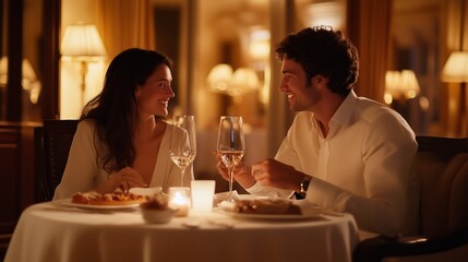 Couple enjoying a romantic candlelit dinner in an elegant restaurant setting, savoring fine cuisine and wine