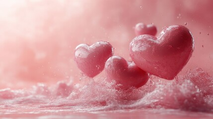 Obraz premium Pink hearts splashing in water, creating a romantic and dreamy atmosphere.