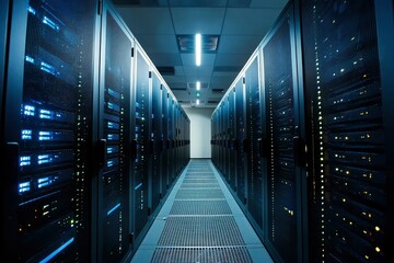 A Perspective View of a Server Room with Multiple Rows of Racks and a Metal Grating Floor