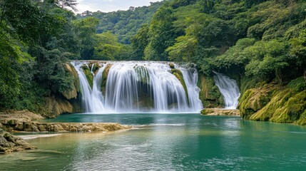 Obraz premium Serene Waterfall Cascading Through Lush Jungle Landscape