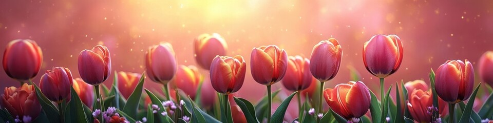 Enchanting field of vibrant tulips glowing in the warm golden light of sunset. © Tor Gilje