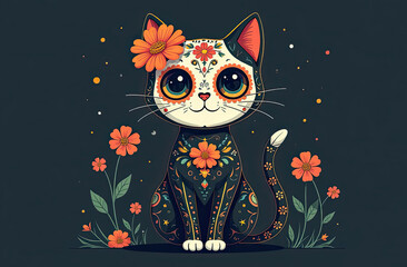 Day of the Dead, Dia de los muertos. cat skeleton decorated with colorful Mexican elements and flowers on dark background