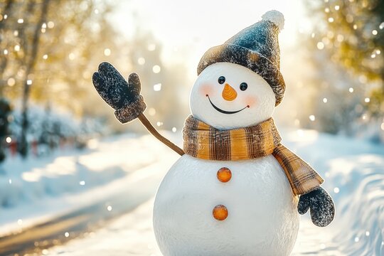 Happy smiling snowman waving hello during a snowfall