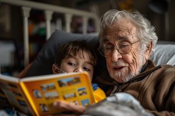 Fototapeta premium An elderly man shares a heartfelt moment with his grandson as they read together in a cozy bedroom. The soft lighting creates a warm atmosphere during the early evening
