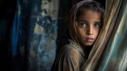 Fototapeta premium A Yemeni girl lives with her family in a camp for displaced people fleeing the hell of war