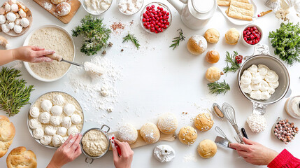 A festive kitchen environment where family members are baking together, with ingredients and tools beautifully arranged, capturing the essence of collaboration and fun in creating cherished family rec