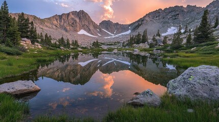 Mountain Range Reflected in Still Water at Sunset
