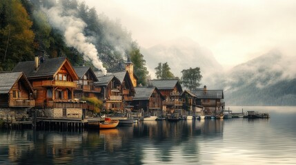 Fototapeta premium Wooden Houses on a Lake in the Mist with Mountains in the Background