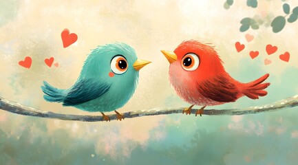 Adorable Turquoise and Red Birds on a Branch with Heart Symbols and Soft Background