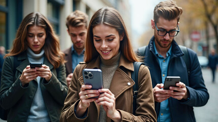 Fototapeta premium Group of young people using mobile phones on the street.