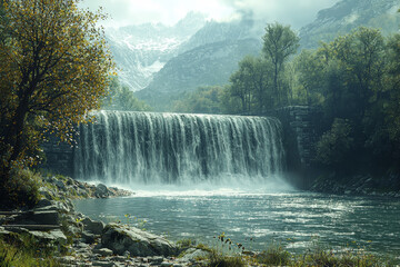 Fototapeta premium A dam generating power from a flowing river, representing the power of water as a renewable energy source. Concept of hydropower.