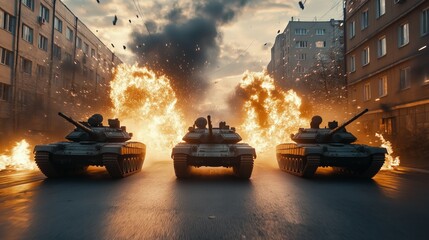 Tanks are driving in a row down the road, it's war.