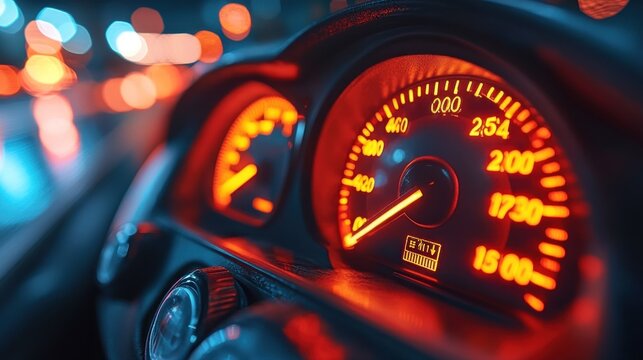 A close-up shot of a car's speedometer at night with the needle at 1730 rpm.