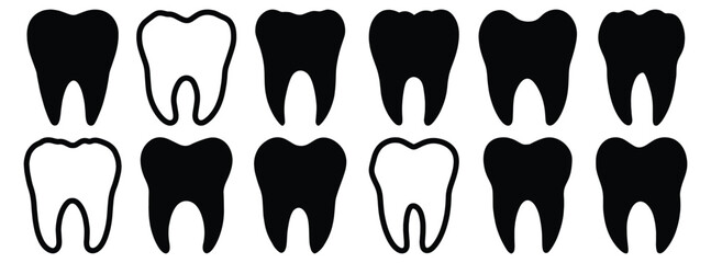 Tooth silhouettes set, dental pack of vector silhouette design, isolated background.