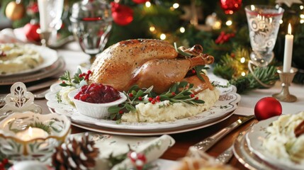 Holiday feast with roast turkey, cranberry sauce, and festive decorations