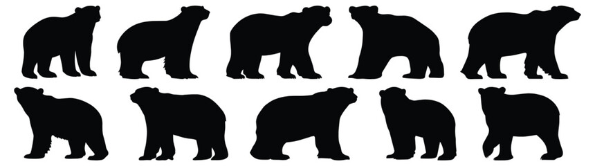 Polar bear silhouettes set, bear pack of vector silhouette design, isolated background.